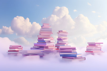 Stack of books in the clouds. Education concept. 3D renderingの素材