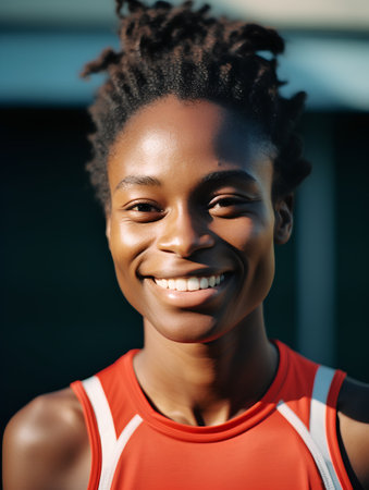 portrait of smiling african american sportswoman looking at cameraの素材