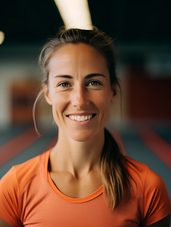 Portrait of smiling sporty woman in sportswear looking at camera.の素材