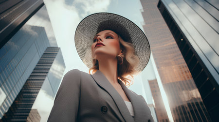 Portrait of a beautiful young woman in a hat on the background of skyscrapersの素材