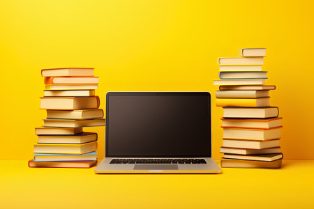 Laptop with stack of books on yellow background. Vector illustration.の素材
