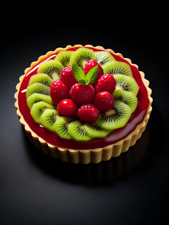 Fruit tart with kiwi and raspberry on a black backgroundの素材