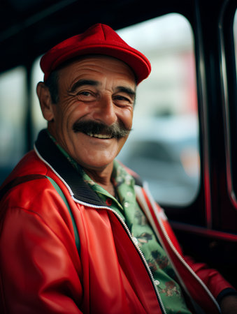 Portrait of a senior man in a red jacket and red cap sitting in a busの素材