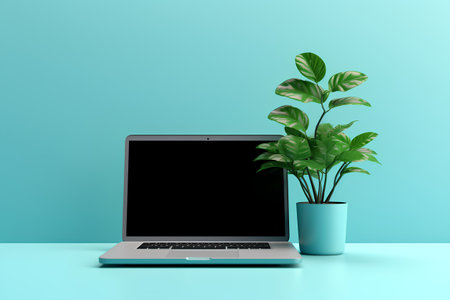 Laptop with green plant in pot on blue background. 3d renderの素材
