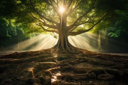 Magic forest with old tree and sun rays. Beautiful nature background.の素材
