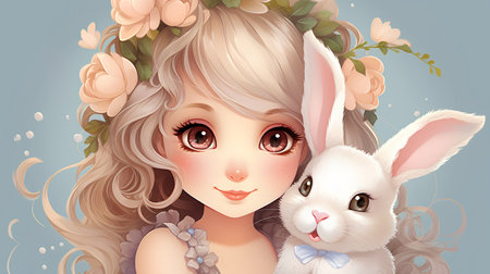 Cute little girl with rabbit. Vector illustration. Cartoon style.の素材