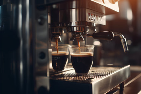 Coffee machine making espresso in coffee shop. Professional coffee brewing.の素材