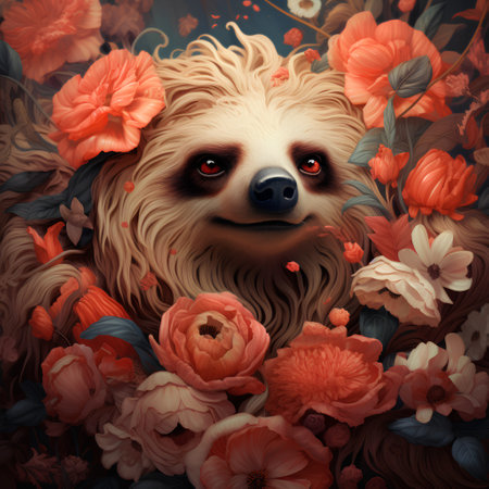 Portrait of a cute sloth among flowers. Vector illustration.の素材