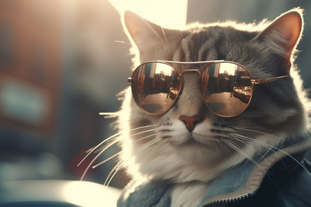Portrait of a cat with sunglasses on the background of the cityの素材