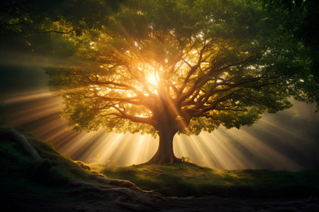 Beautiful tree in the forest with rays of light coming through the branchesの素材