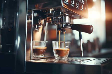 Coffee machine making espresso in cafe. Professional coffee brewing.の素材