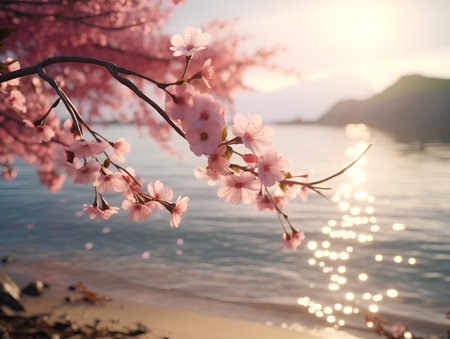 Cherry blossom on the beach at sunset. Nature background.の素材