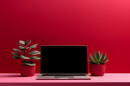 Laptop with blank screen and plant on red background. Vector illustration.の素材