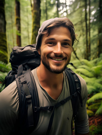 Portrait of a smiling man with a backpack in the forest.の素材