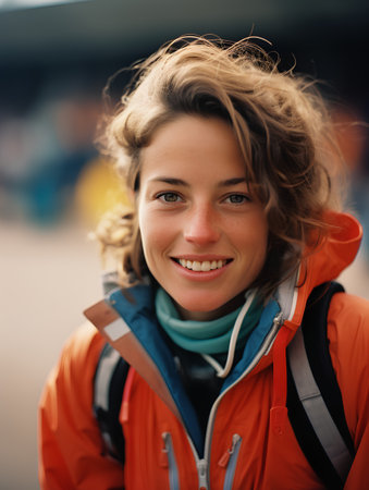 Portrait of a beautiful young woman in an orange jacket on the streetの素材
