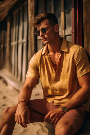 Portrait of a handsome young man in sunglasses. Men's beauty, fashion.の素材