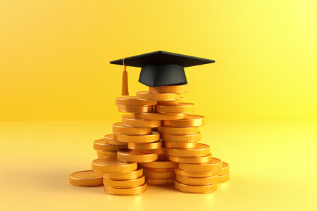 Stacks of gold coins with graduation cap. 3d render illustrationの素材