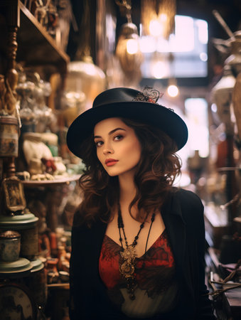 Portrait of a beautiful young woman in a hat at the flea market.の素材