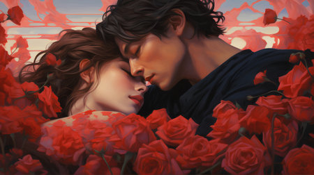 Romantic couple kissing in a field of red roses. Digital painting.の素材