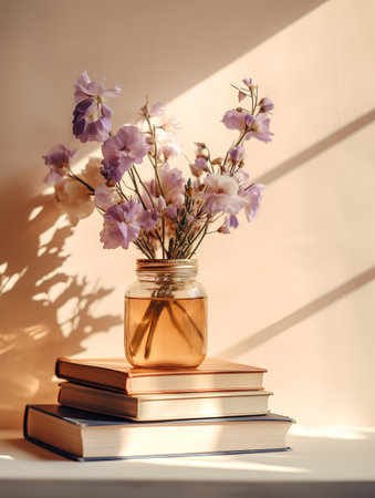 Vase with dried flowers and books on the windowsill in sunlightの素材