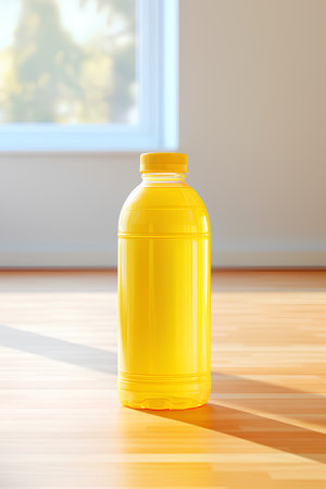 Yellow plastic bottle mockup on wooden floor in room. 3D renderingの素材