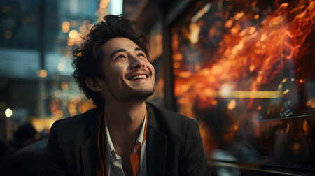 Cheerful young man in a business suit in the city at nightの素材