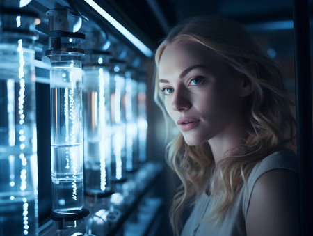 Portrait of a beautiful young woman with long blond hair in a white blouse standing in a dark room with led lamps.の素材