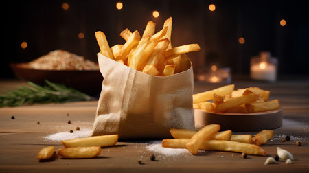 Golden French fries in a paper bag on a wooden background. Selective focus.の素材
