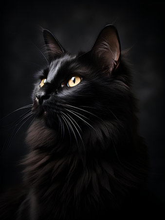 Portrait of a black cat on a black background. Studio shot.の素材