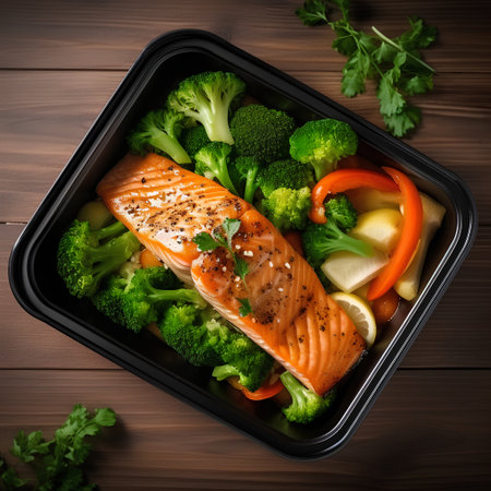 Salmon fillet with vegetables in plastic container on wooden background.の素材