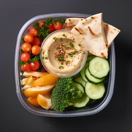 Healthy lunch box with hummus, fresh vegetables and pita bread on black background, top viewの素材