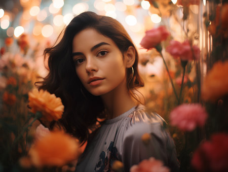 Portrait of a beautiful young brunette woman in a field of flowers.の素材