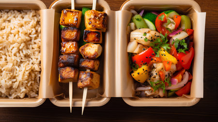 Vegetable skewers in a cardboard box on a wooden backgroundの素材