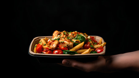 Grilled chicken with pasta and vegetables in a wooden box in hand on a black backgroundの素材