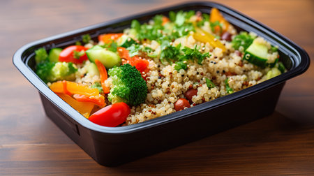 Plastic lunch box with quinoa and vegetables on a wooden table.の素材