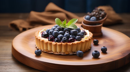 Delicious tartlets with blueberries and mint on a wooden backgroundの素材