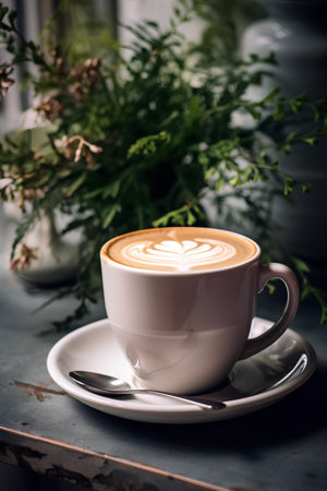 Coffee cup on the table with flower vase background.の素材