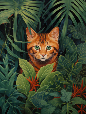 Cute cat among tropical leaves. Vector illustration on a dark background.の素材