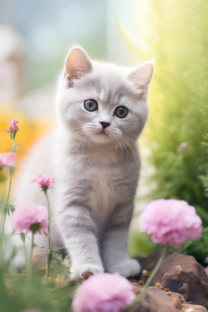 Cute british kitten sitting in the garden with pink flowersの素材