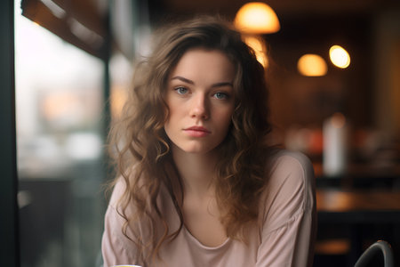 Portrait of a beautiful young woman with long curly hair in a cafeの素材