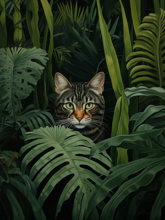 Illustration of a cat in the jungle. The cat looks out from behind the leaves.の素材