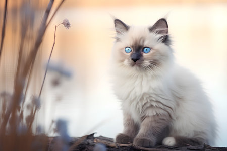 Ragdoll cat with blue eyes sitting in the grass.の素材