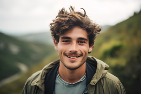 Handsome young man in the mountains. Outdoor lifestyle portrait.の素材