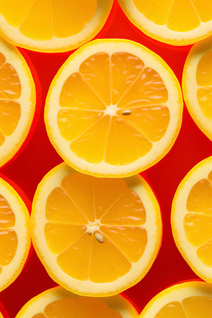 Seamless pattern of lemon slices on red background, top viewの素材