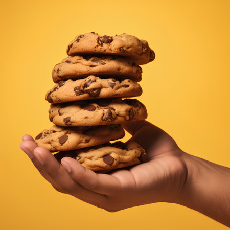 Hand holding stack of chocolate chip cookies isolated on yellow background with copy space.の素材