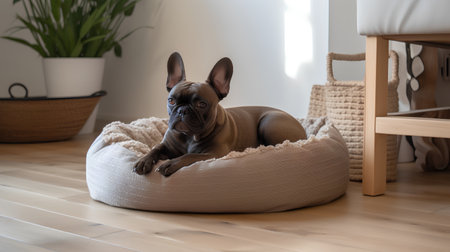 Cute french bulldog puppy lying on a bean bag at homeの素材