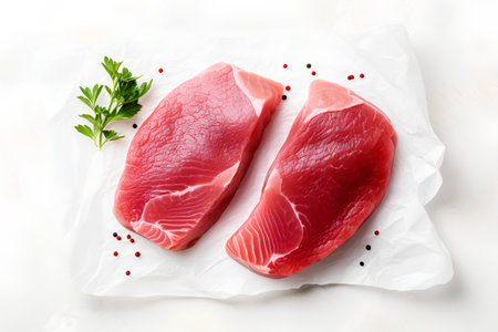 Raw beef steak on paper with parsley and peppercorns on white background, top viewの素材