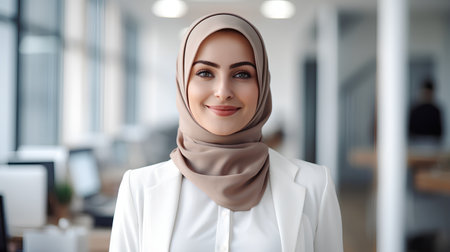 Portrait of a smiling muslim businesswoman with hijab in officeの素材