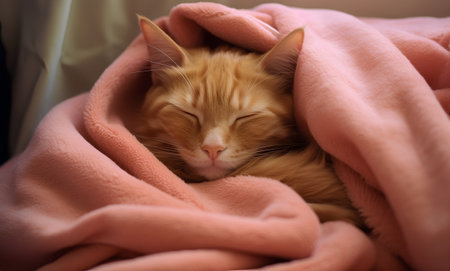 Cute ginger cat sleeps under a pink blanket. Fluffy petの素材