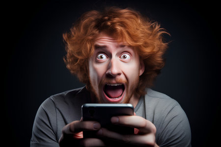 Surprised red-haired man with a smartphone on a dark backgroundの素材